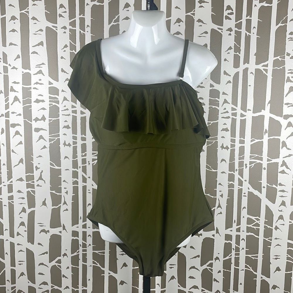 Playa Swim Olive Green Ruffled One Shoulder One Piece Swimsuit sz XL (16)